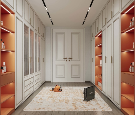 Stainless Steel Walk-In Closet With Orange Accents And Artistic Wave Mirror Design
