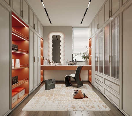 Stainless Steel Walk-In Closet With Orange Accents And Artistic Wave Mirror Design