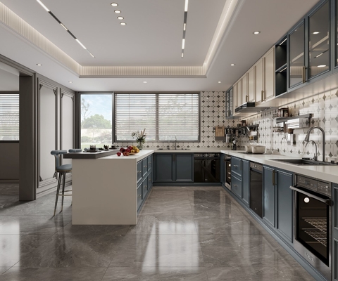 Versatile French Style Kitchen Cabinet With Indigo Blue And Cream Contrasting Design