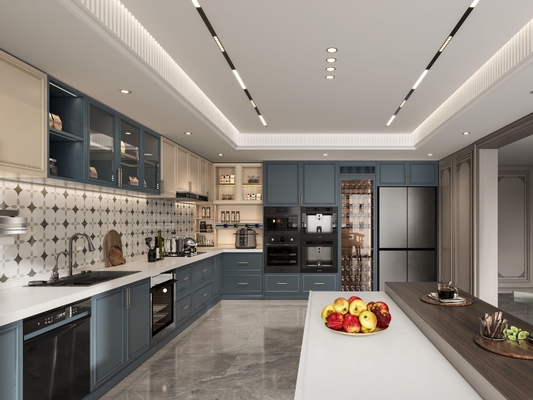 Versatile French Style Kitchen Cabinet With Indigo Blue And Cream Contrasting Design