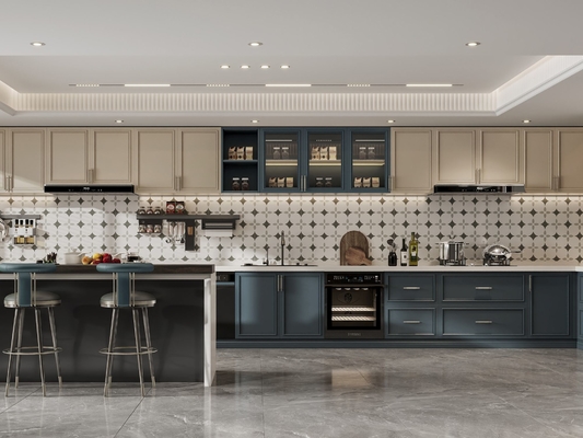 Versatile French Style Kitchen Cabinet With Indigo Blue And Cream Contrasting Design