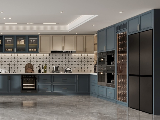 Versatile French Style Kitchen Cabinet With Indigo Blue And Cream Contrasting Design