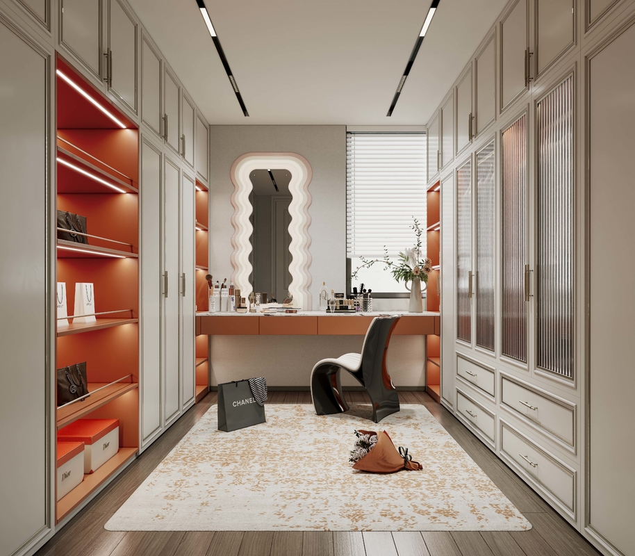 Stainless Steel Walk-In Closet With Orange Accents And Artistic Wave Mirror Design