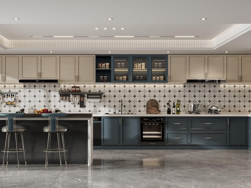 Versatile French Style Kitchen Cabinet With Indigo Blue And Cream Contrasting Design